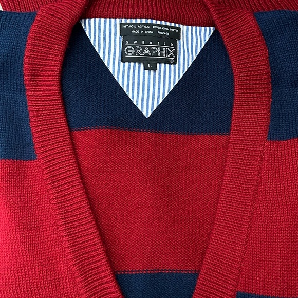 Vintage Graphix Sweater 90s Red and Navy Striped Knit Cardigan Sweater L - Picture 4 of 8